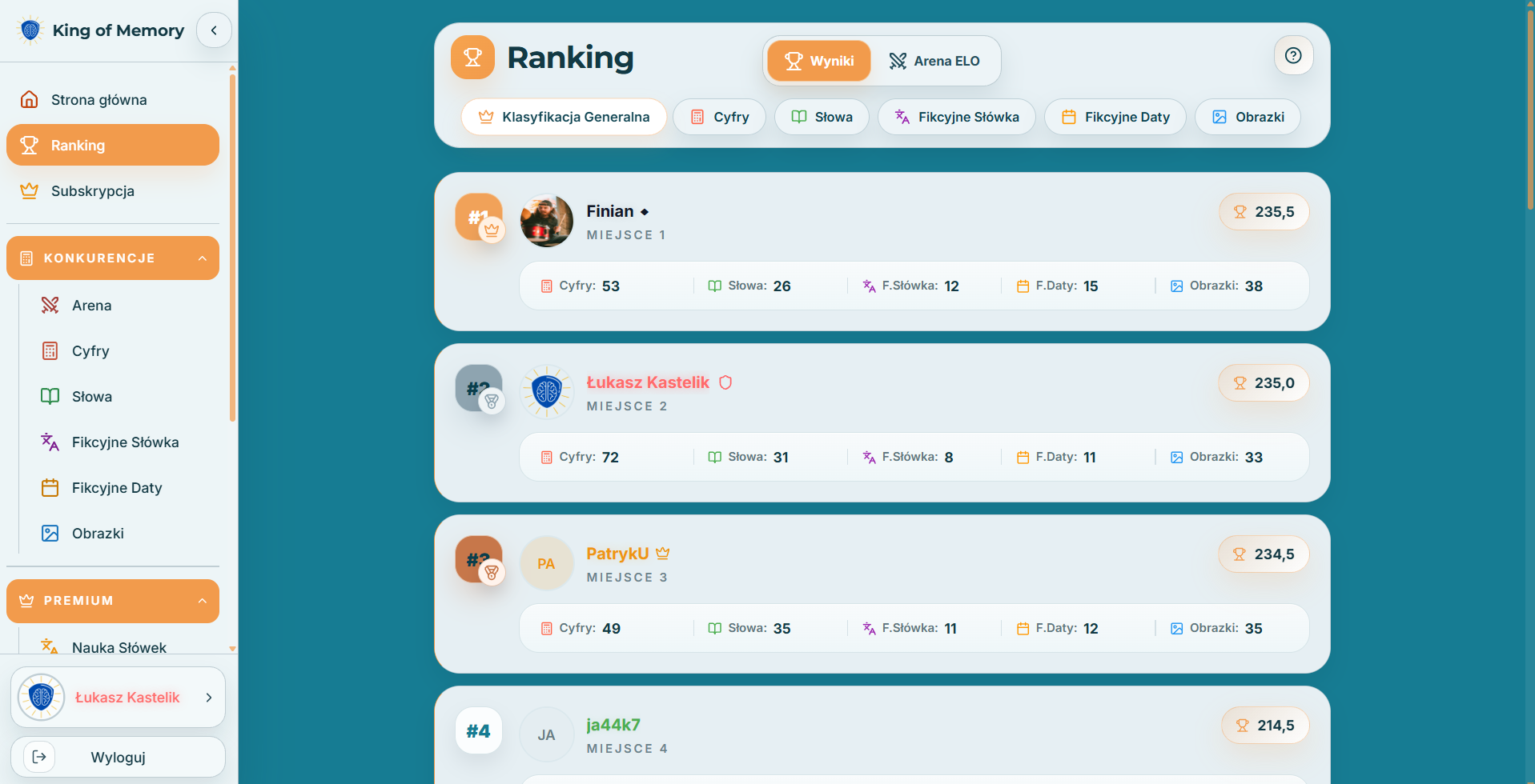 Widok platformy treningowej King of Memory na komputerze 1