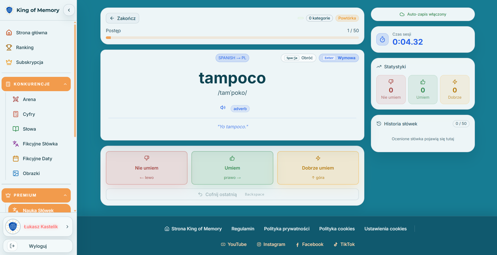 Widok platformy treningowej King of Memory na komputerze 3