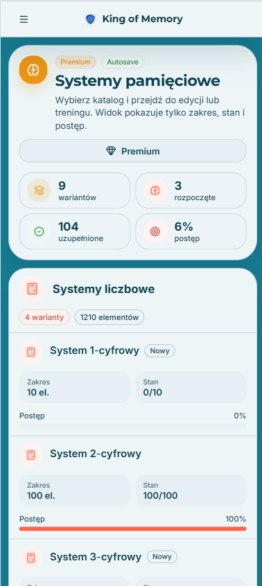 Widok platformy treningowej King of Memory na telefonie 2
